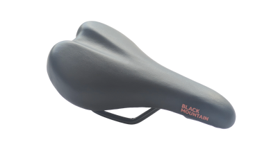 Black bicycle saddle with 'Black Mountain' branding on a white background