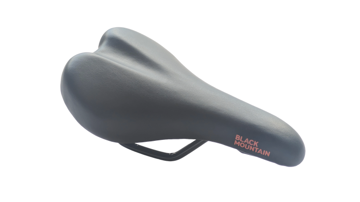 Black bicycle saddle with 'Black Mountain' branding on a white background